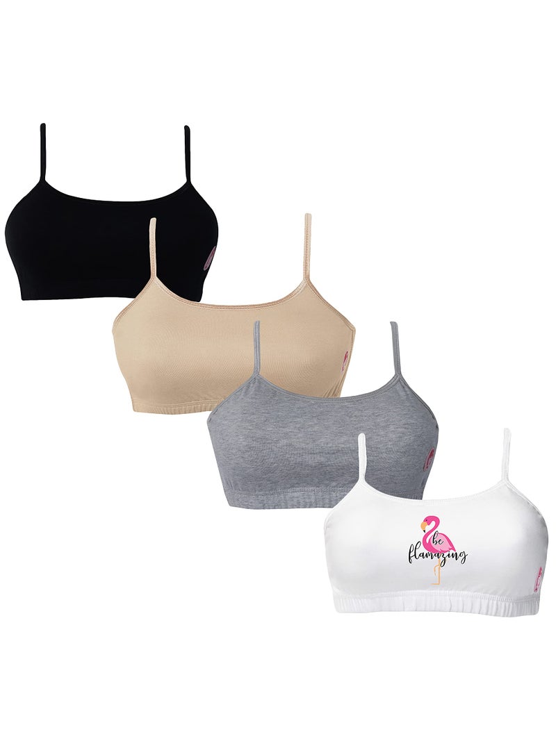 DChica Uniform Bras for Girls, Beginners Cotton Non-Padded Full Coverage Seamless Non-Wired Gym Workout Bra with Adjustable Thin Strap, Slip-on Printed Training Bra for Teenagers (4 pcs) - Image 4