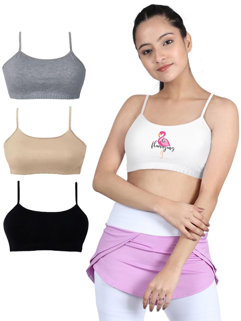 DChica Uniform Bras for Girls, Beginners Cotton Non-Padded Full Coverage Seamless Non-Wired Gym Workout Bra with Adjustable Thin Strap, Slip-on Printed Training Bra for Teenagers (4 pcs) - Image 1