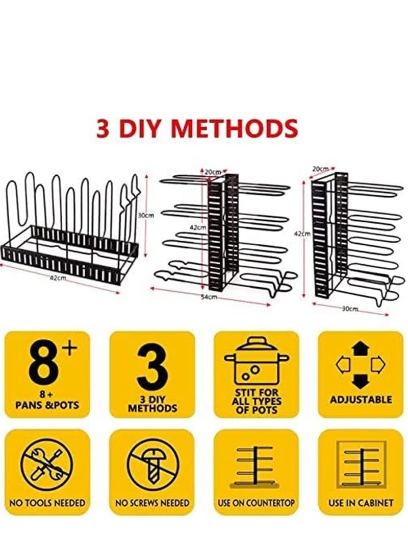 وعاء وعاء المنظم رف, وعاء غطاء المطبخ مجلس الوزراء المنظم حامل مع 3 طرق DIY, رف منظم وعاء قابل للتعديل مع 8 طبقات لمنظم مجلس الوزراء المطبخ والتخزين (أسود) - Image 5