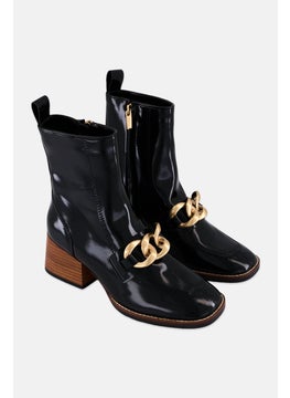 Women Zip Closure Leather Ankle Boots, Black