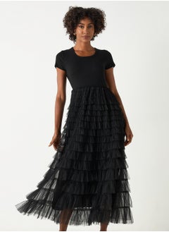 2Xtremz 2Xtremz Solid Midi Dress with Round Neck and Ruffle Detail  - Image 1