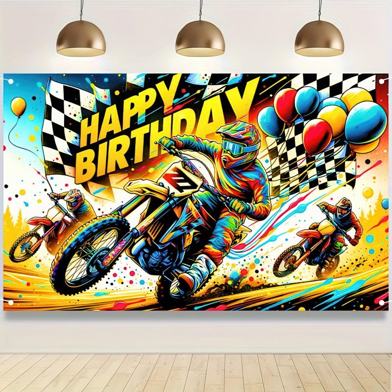 BlissYard Motorcycle Banner Dirt Bike Backdrop Racing Theme Decor Happy Birthday Sign Motorcycle Party Decorations Dirt Bike Banner for Kids Celebration Background Checkered Flag Decor 71x43 Inch - Image 1