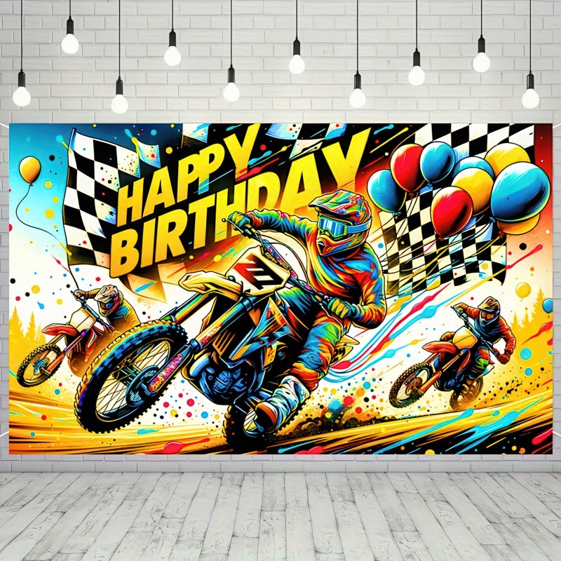 BlissYard Motorcycle Banner Dirt Bike Backdrop Racing Theme Decor Happy Birthday Sign Motorcycle Party Decorations Dirt Bike Banner for Kids Celebration Background Checkered Flag Decor 71x43 Inch - Image 3