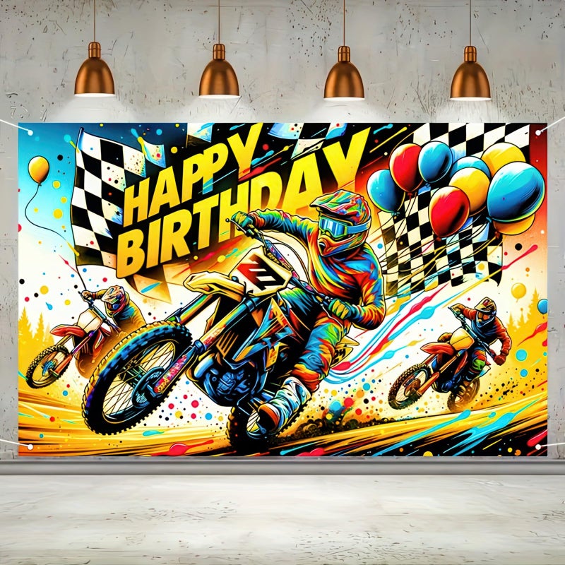 BlissYard Motorcycle Banner Dirt Bike Backdrop Racing Theme Decor Happy Birthday Sign Motorcycle Party Decorations Dirt Bike Banner for Kids Celebration Background Checkered Flag Decor 71x43 Inch - Image 2