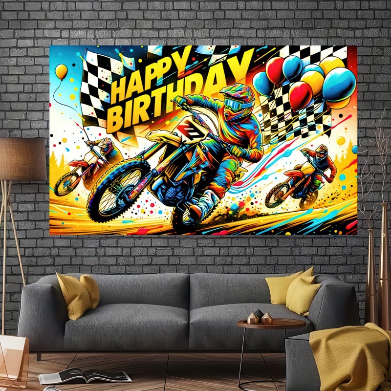BlissYard Motorcycle Banner Dirt Bike Backdrop Racing Theme Decor Happy Birthday Sign Motorcycle Party Decorations Dirt Bike Banner for Kids Celebration Background Checkered Flag Decor 71x43 Inch - Image 4