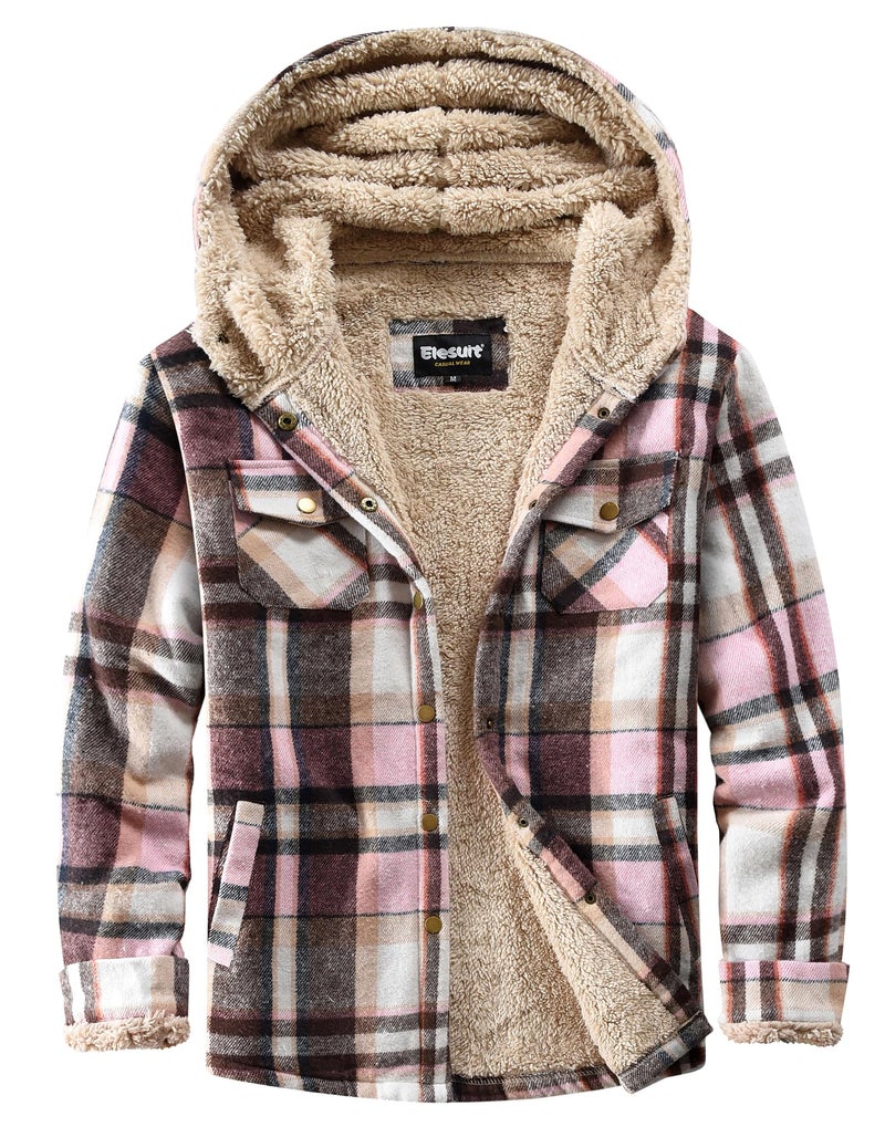 Elesuit Women's Plaid Jackets Flannel Hoodie Long Sleeve Button Down Fleece Fuzzy Hooded Jackets for Women Brown Pink Large - Image 1