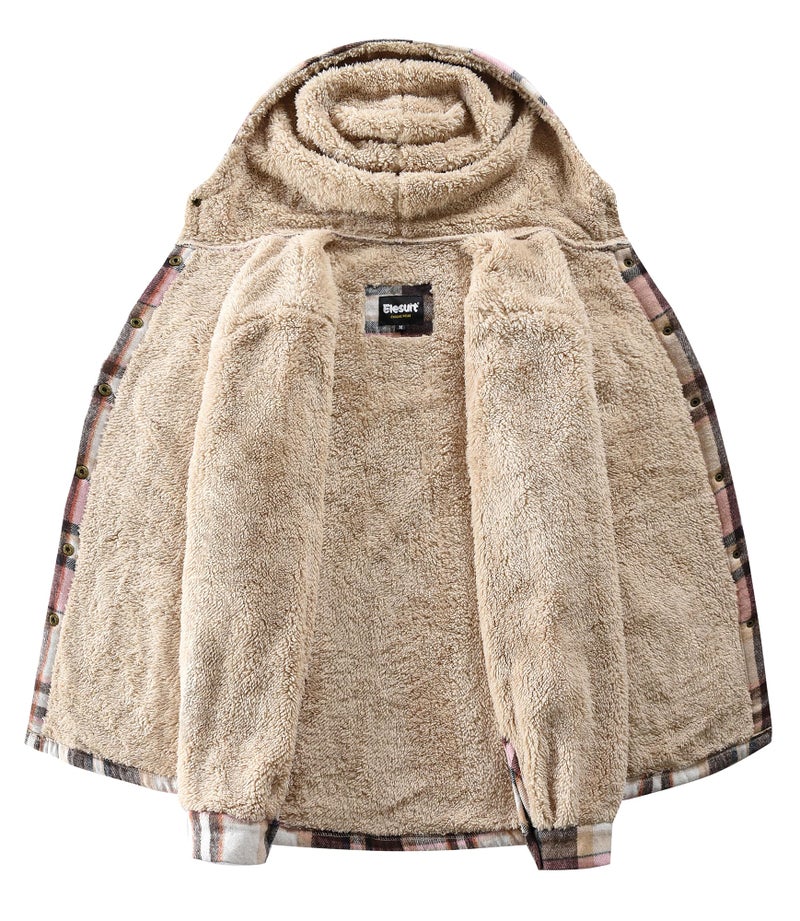 Elesuit Women's Plaid Jackets Flannel Hoodie Long Sleeve Button Down Fleece Fuzzy Hooded Jackets for Women Brown Pink Large - Image 4