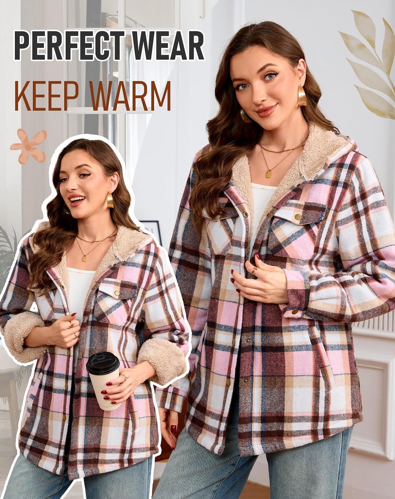 Elesuit Women's Plaid Jackets Flannel Hoodie Long Sleeve Button Down Fleece Fuzzy Hooded Jackets for Women Brown Pink Large - Image 5