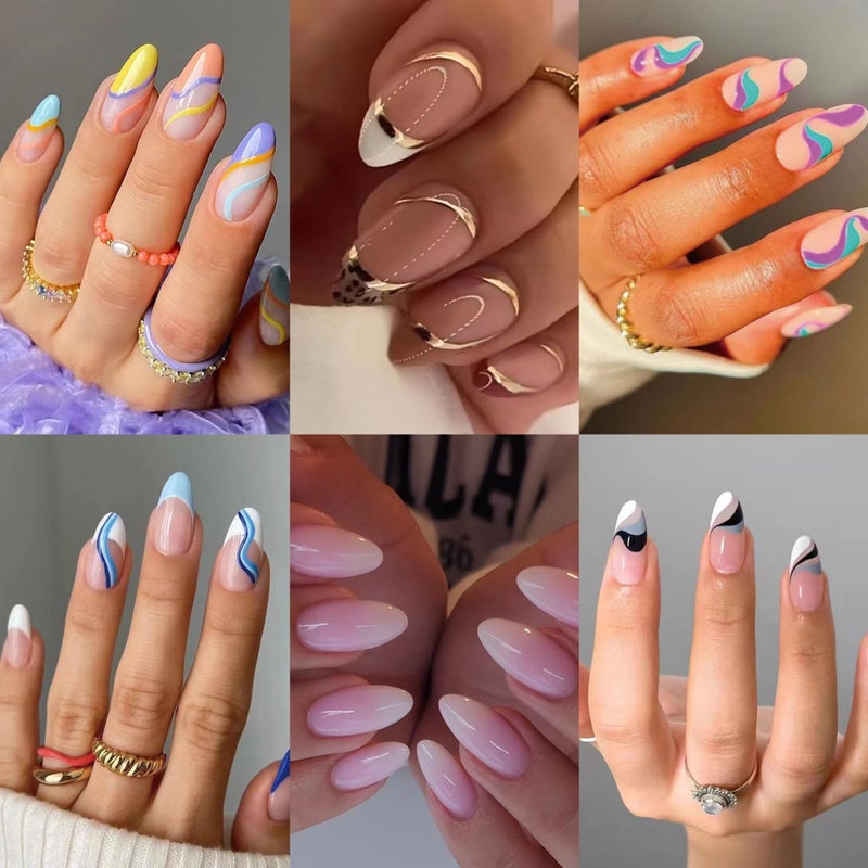 CTTHNBD 6 Pack Press on Nails - Almond, French Tip, Swirl, False, Gel - 144 Pcs, 12 Sizes, 6 Styles - Image 1