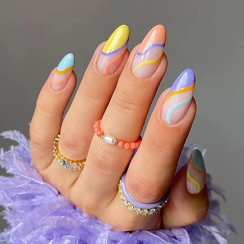 CTTHNBD 6 Pack Press on Nails - Almond, French Tip, Swirl, False, Gel - 144 Pcs, 12 Sizes, 6 Styles - Image 3