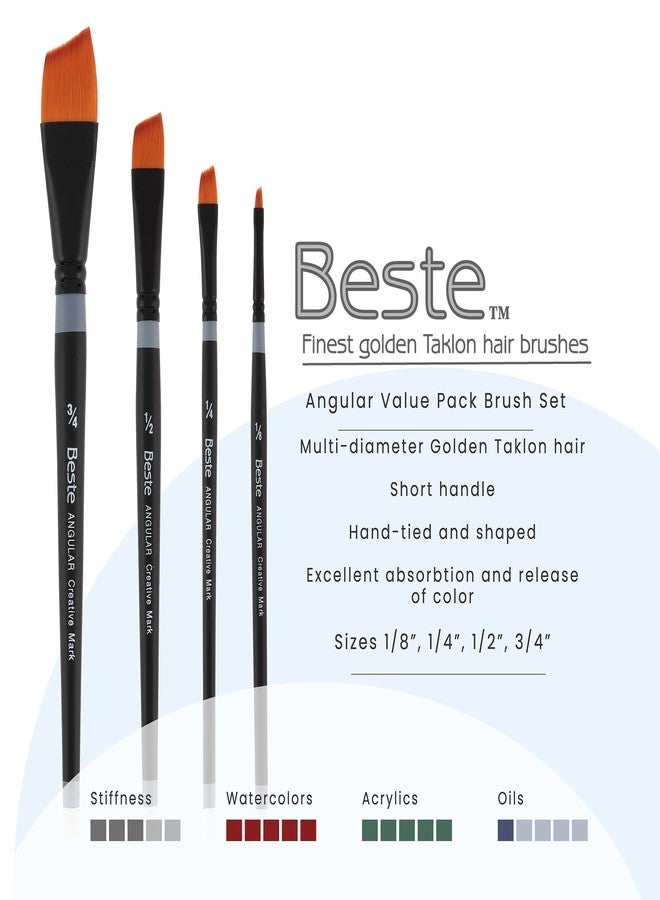 Creative Mark Beste Golden Taklon Gold Angular Set of 4 Artist Paint Brush, Professional Watercolor Brushes, for Acrylic Painting, Short Handle, Sharp Edges, Hand-Tied & Shaped - Image 2