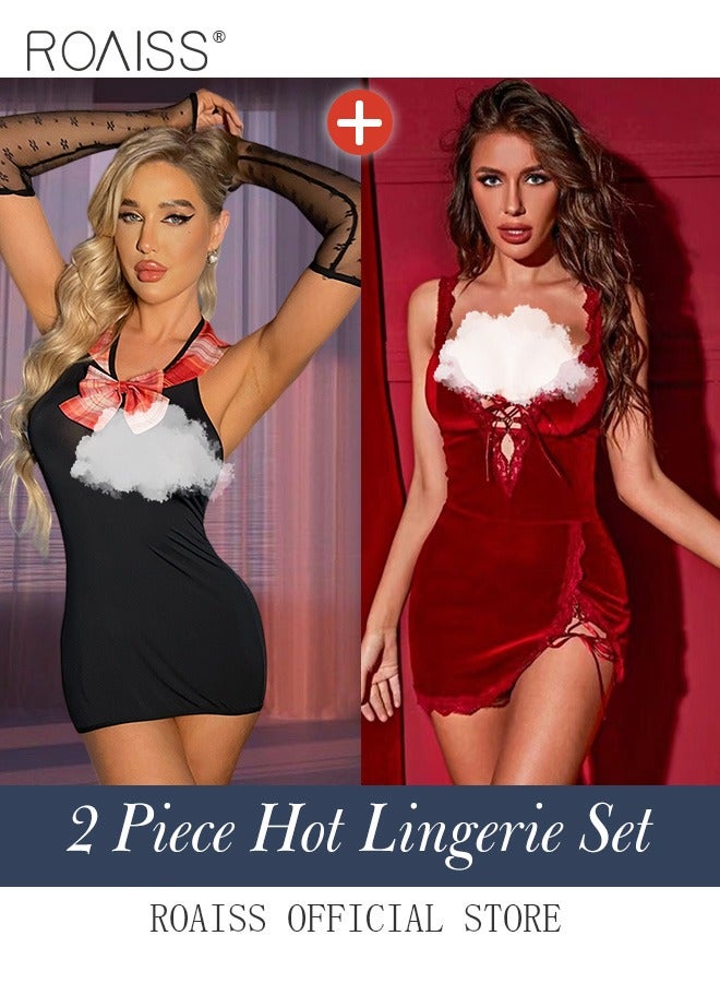 Two Piece of Women Lace Nightdress Set Lingerie for Ladies Wife Girlfriend Bow Decor Dress Short Skirt Nightgown Increase Passion Midnight Charm Pajamas
