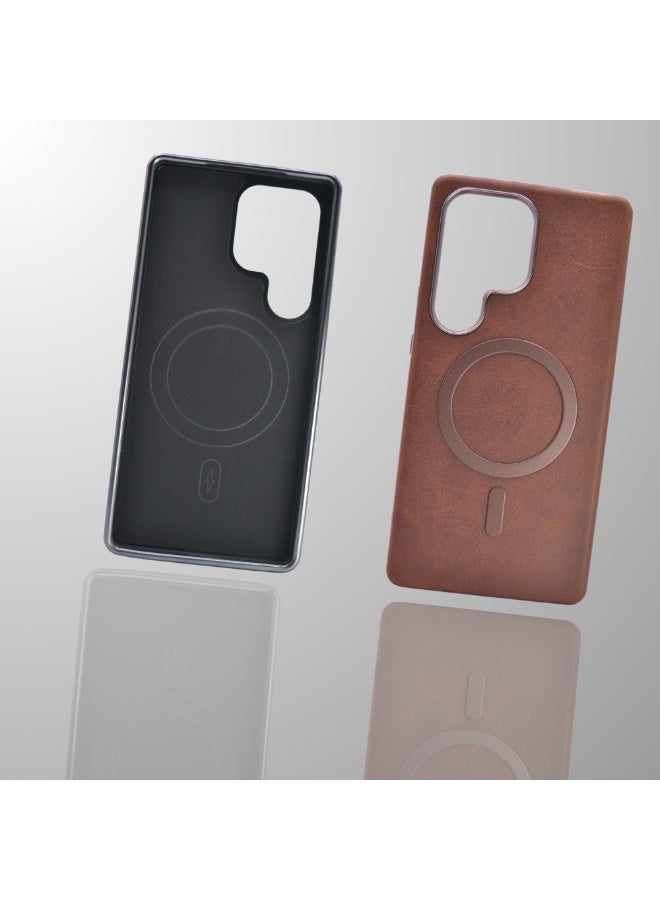 Leather-Look Magnetic Back Case for Samsung Galaxy S25 Ultra – Brown Slim Design with Camera Guard - Image 2