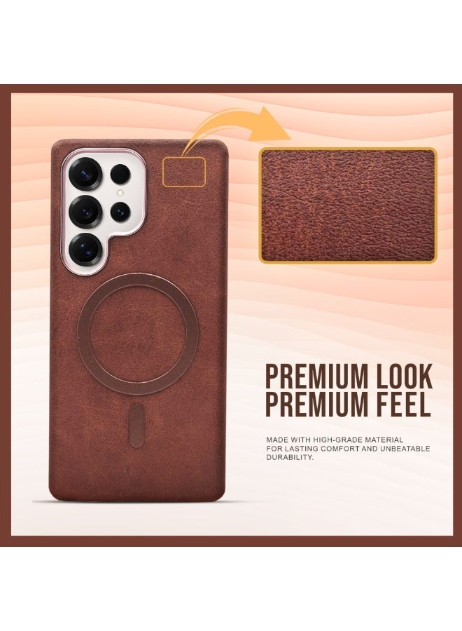 Leather-Look Magnetic Back Case for Samsung Galaxy S25 Ultra – Brown Slim Design with Camera Guard - Image 5