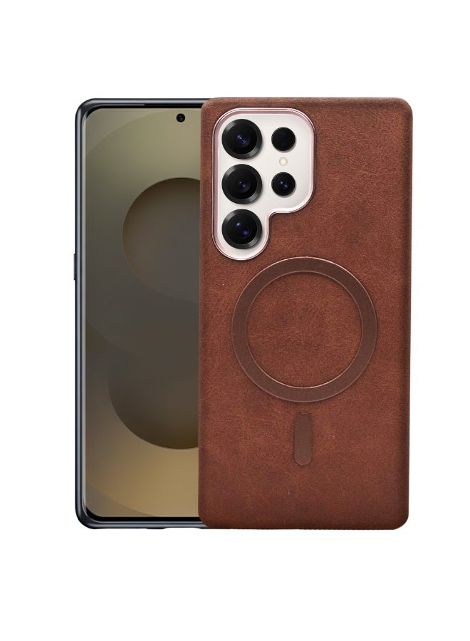 Leather-Look Magnetic Back Case for Samsung Galaxy S25 Ultra – Brown Slim Design with Camera Guard - Image 1