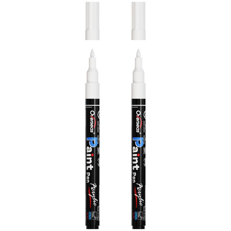 Overseas White Acrylic Paint Pens 2 Pack, 0.7mm Extra Fine Tip Permanent Markers, Water-Based, Quick Drying, Waterproof, Non Toxic Paint Markers for Wood, Metal, Rock, Plastic, Glass, Canvas, Fabric - Image 1