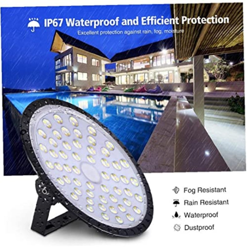 UFO High Bay Light، 200W 50000LM 6000K 6500K أبيض بارد مقاوم للماء إضاءة مستودع رفيعة جدًا إضاءة الخليج التجارية لمتجر المرآب ورشة عمل انخفاض استهلاك الطاقة - Image 3