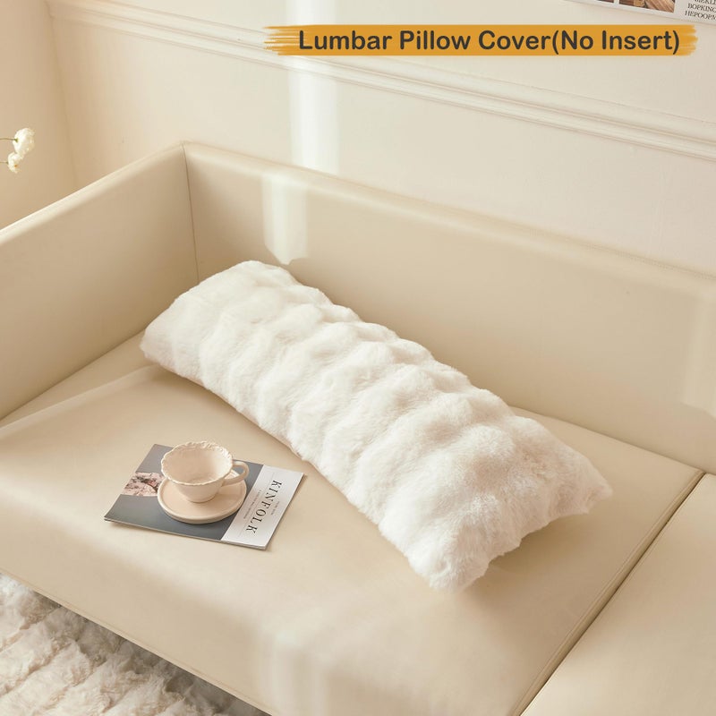 LIFEREVO Fluffy Faux Rabbit Fur Long Lumbar Decorative Throw Pillow Cover, Plush Shaggy 14x36 Bubble Waffle Cushion Pillow Sham with Zipper, Furry Fuzzy Pillowcase for Home Bed Couch Sofa, Beige - Image 2