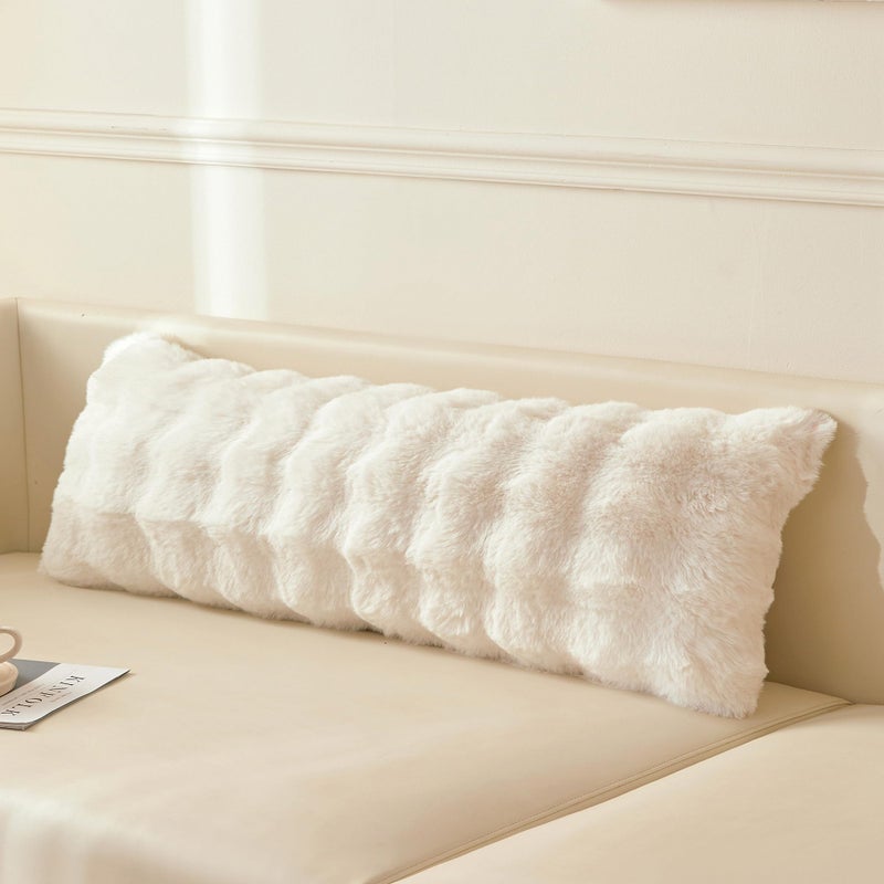 LIFEREVO Fluffy Faux Rabbit Fur Long Lumbar Decorative Throw Pillow Cover, Plush Shaggy 14x36 Bubble Waffle Cushion Pillow Sham with Zipper, Furry Fuzzy Pillowcase for Home Bed Couch Sofa, Beige - Image 1