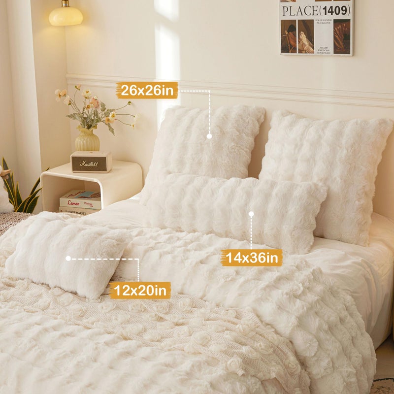 LIFEREVO Fluffy Faux Rabbit Fur Long Lumbar Decorative Throw Pillow Cover, Plush Shaggy 14x36 Bubble Waffle Cushion Pillow Sham with Zipper, Furry Fuzzy Pillowcase for Home Bed Couch Sofa, Beige - Image 3