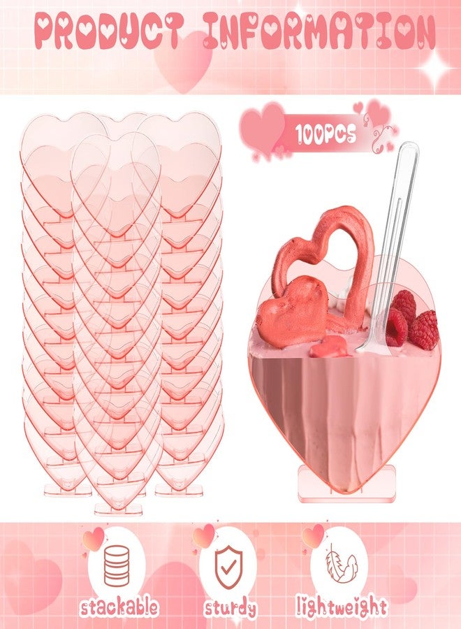Ziliny Mini Heart Shaped Dessert Cups with Spoons 2.7 oz Valentine Day Plastic Appetizer Cup Clear Disposable Reusable Heart Shaped Bowl for Valentine Wedding Party Cakes Ice Cream(Pink,100 Set) - Image 3