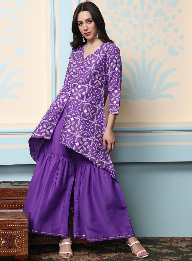 ISHIN Women'S Purple Chiffon Self Design Full Length Palazzo Kurta Set - Image 5