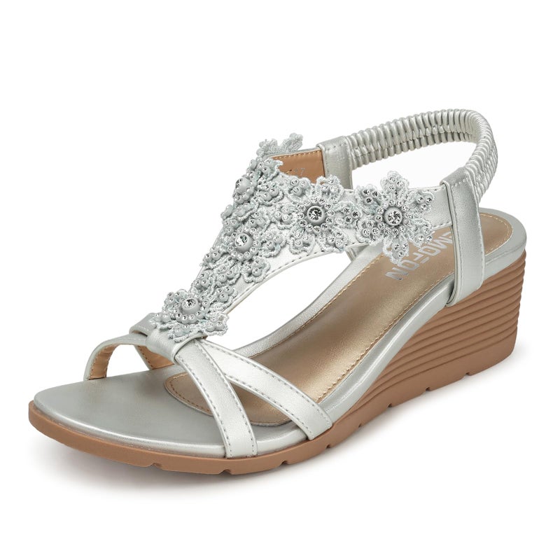 TEMOFON Women's Low Wedge Heels Summer Dressy Platform Sandals Elastic Ankle Strap Open Toe Flower Shoes Silver Size 8 - Image 1