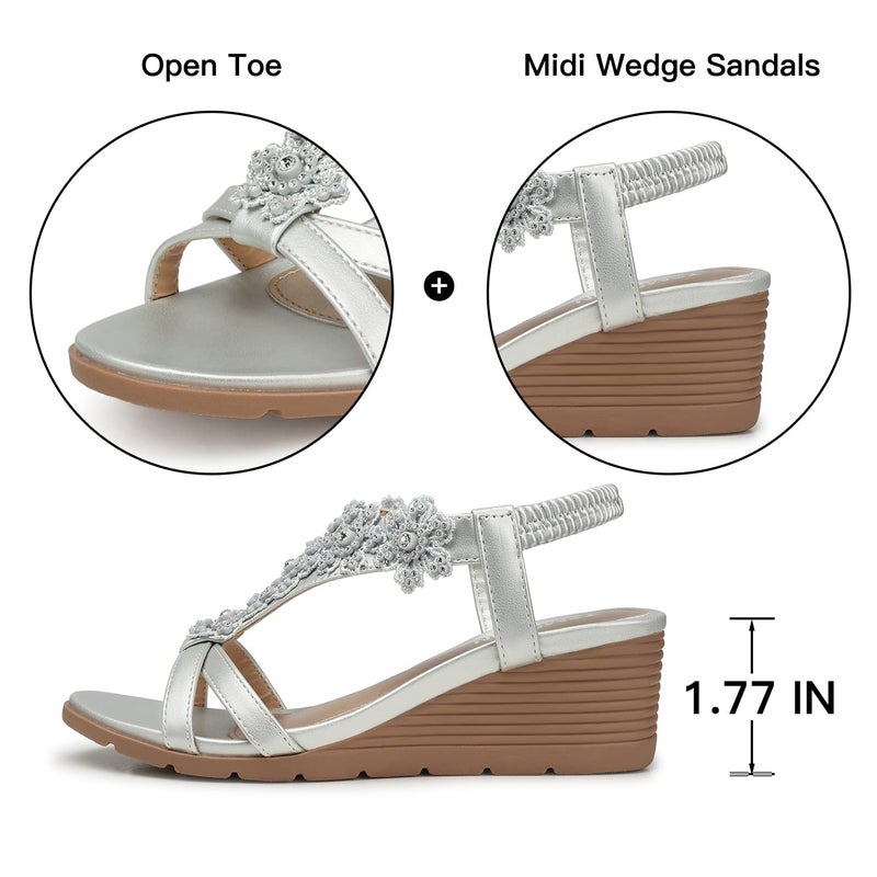 TEMOFON Women's Low Wedge Heels Summer Dressy Platform Sandals Elastic Ankle Strap Open Toe Flower Shoes Silver Size 8 - Image 5