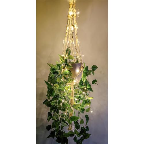 Comtelek Macrame Plant Hanger with Lights Indoor Hanging Planter Basket with Wood Beads Flower Pot Holder Handwoven Cotton Rope Tassels for Boho Home Window Decor 43.5 Inch, Ivory (POTS NOT Included) - Image 1