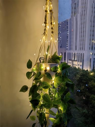 Comtelek Macrame Plant Hanger with Lights Indoor Hanging Planter Basket with Wood Beads Flower Pot Holder Handwoven Cotton Rope Tassels for Boho Home Window Decor 43.5 Inch, Ivory (POTS NOT Included) - Image 5