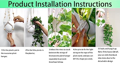 Comtelek Macrame Plant Hanger with Lights Indoor Hanging Planter Basket with Wood Beads Flower Pot Holder Handwoven Cotton Rope Tassels for Boho Home Window Decor 43.5 Inch, Ivory (POTS NOT Included) - Image 3