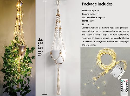 Comtelek Macrame Plant Hanger with Lights Indoor Hanging Planter Basket with Wood Beads Flower Pot Holder Handwoven Cotton Rope Tassels for Boho Home Window Decor 43.5 Inch, Ivory (POTS NOT Included) - Image 2