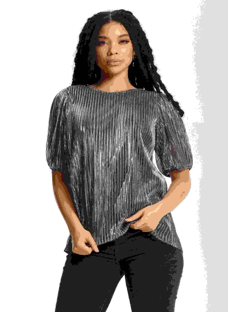Liquorish Metallic Pleated Puff Sleeve Top
