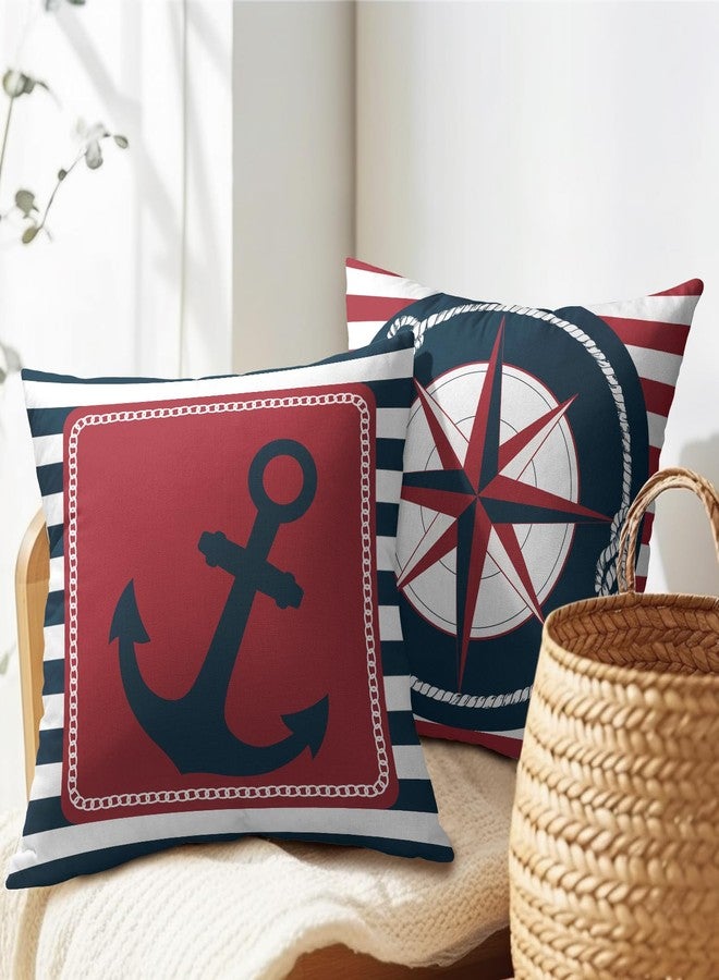 Granbey Anchor Compass Throw Pillow Cases Outdoor Nautical Pillow Covers Blue and White Stripes Decorative Cushion Cover 18x18 Inch Red and White Cotton Linen Pillowcases for Beach Coast Home Bedroom - Image 5