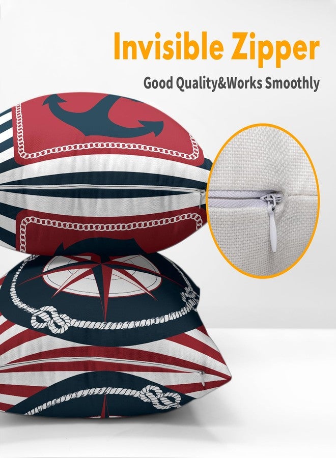 Granbey Anchor Compass Throw Pillow Cases Outdoor Nautical Pillow Covers Blue and White Stripes Decorative Cushion Cover 18x18 Inch Red and White Cotton Linen Pillowcases for Beach Coast Home Bedroom - Image 3