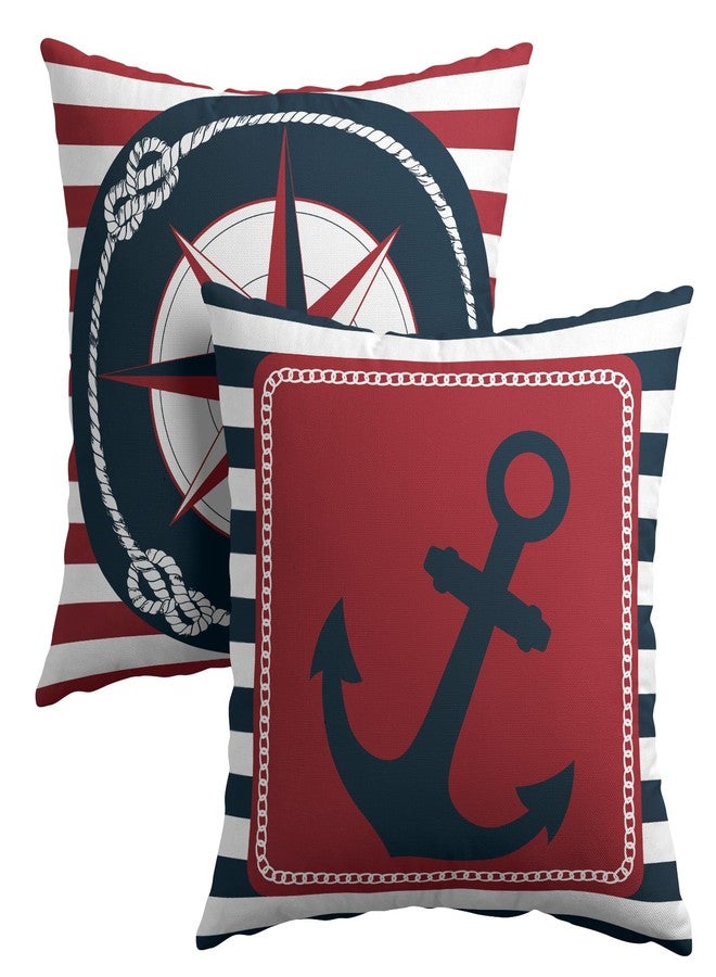Granbey Anchor Compass Throw Pillow Cases Outdoor Nautical Pillow Covers Blue and White Stripes Decorative Cushion Cover 18x18 Inch Red and White Cotton Linen Pillowcases for Beach Coast Home Bedroom - Image 1