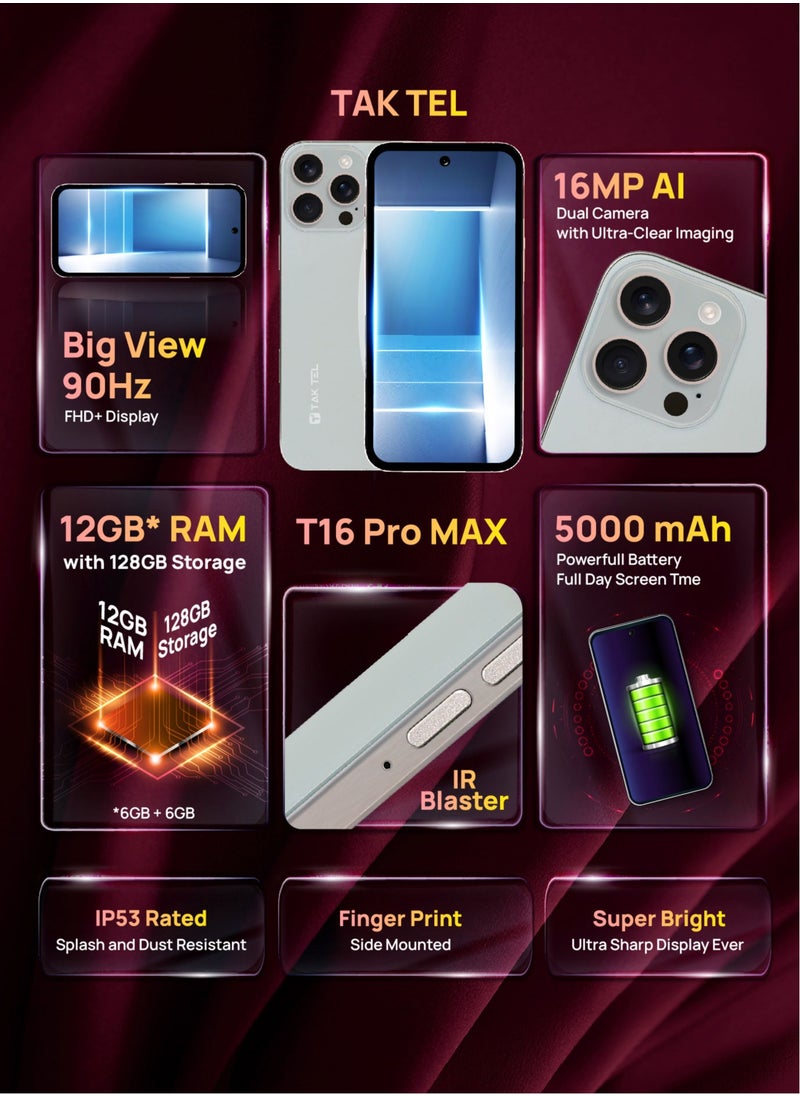 تا كتيل هاتف ذكي T16 Pro MAX يعمل بنظام Android، ذاكرة وصول عشوائي سعتها 12 جيجابايت وسعة تخزين 128 جيجابايت، وكاميرا مزدوجة بدقة 16 ميجابكسل وشاشة فائقة الوضوح FHD+ (رمادي)  - Image 5