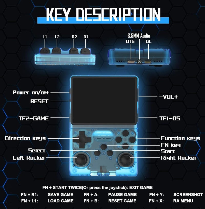 DIGI CORE R40S PRO Handheld Game Console 30000 Games in 1, 3.5 Inch IPS Screen Retro Gaming Console with 256GB TF Card, RK3326 Quad-Core, Dual Joysticks, Portable Arcade Player  3800mAh Battery 45 Simulators for Kids & Adults Blue - Image 2