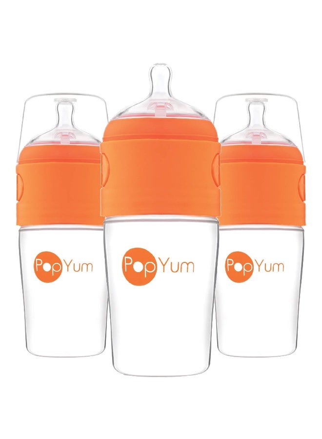 PopYum زجاجات حليب الأطفال PopYum بسعة 9 أونص (260 مل) برتقالية مضادة للمغص، عبوة 3 مع حلمات متوسطة التدفق #2، خالية من BPA، قفل طبيعي - Image 1