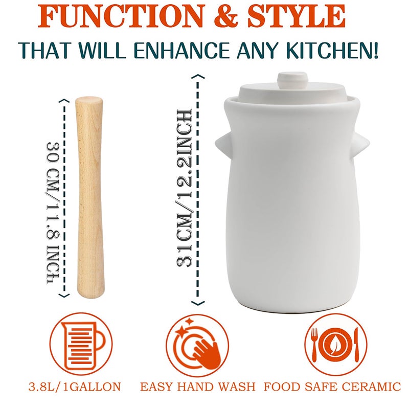 HFOXGO Fermentation Crock 3.8Liter/1 Gallon Stoneware Pot for Fermenting, Pickling Kimchi, Pickles, Vegetables, Kombucha - Glazed Fermenter with Stone Weights, Lid & Pickle Tamper-White Crock - Image 3