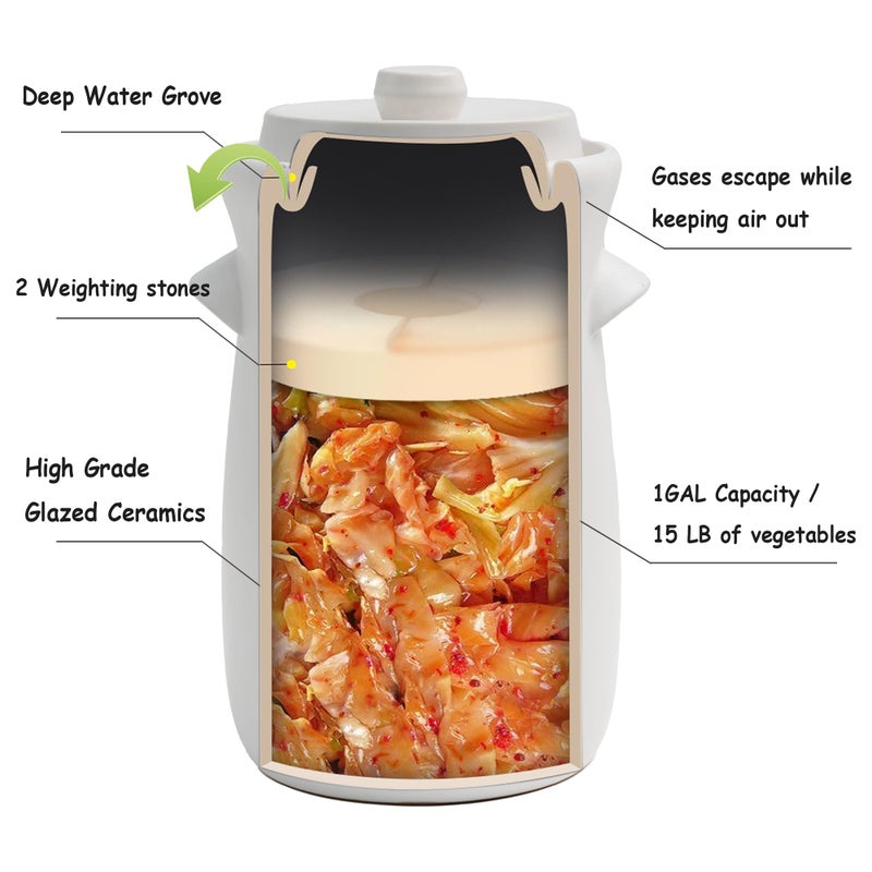 HFOXGO Fermentation Crock 3.8Liter/1 Gallon Stoneware Pot for Fermenting, Pickling Kimchi, Pickles, Vegetables, Kombucha - Glazed Fermenter with Stone Weights, Lid & Pickle Tamper-White Crock - Image 2