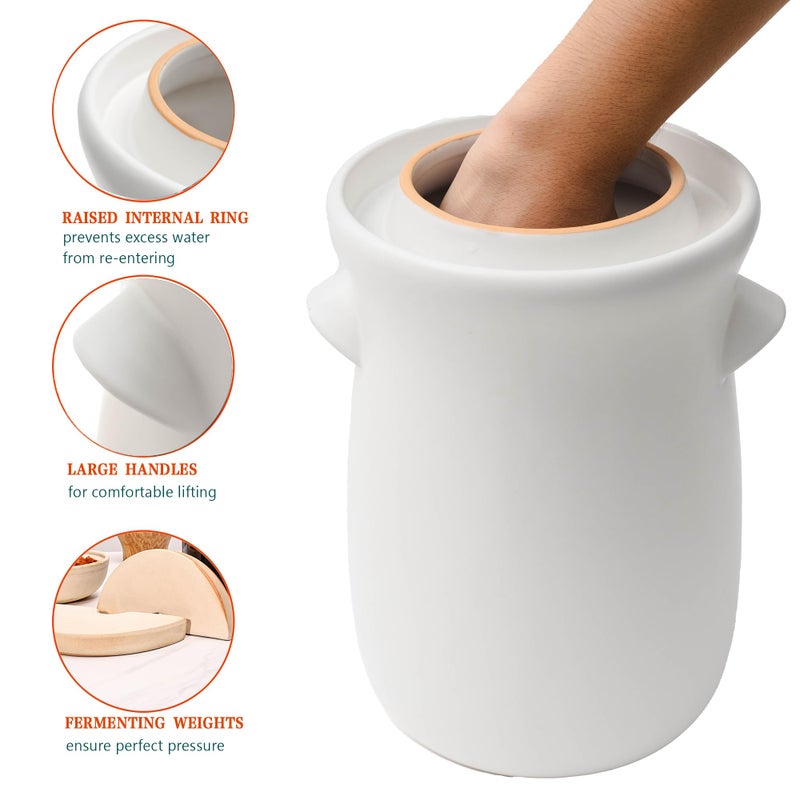 HFOXGO Fermentation Crock 3.8Liter/1 Gallon Stoneware Pot for Fermenting, Pickling Kimchi, Pickles, Vegetables, Kombucha - Glazed Fermenter with Stone Weights, Lid & Pickle Tamper-White Crock - Image 4