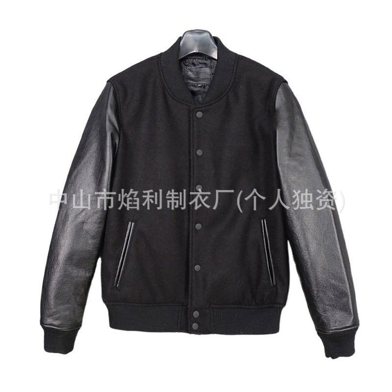 Short Sheepskin Leather Baseball Jacket with Wool Nylon Sleeves - Image 5