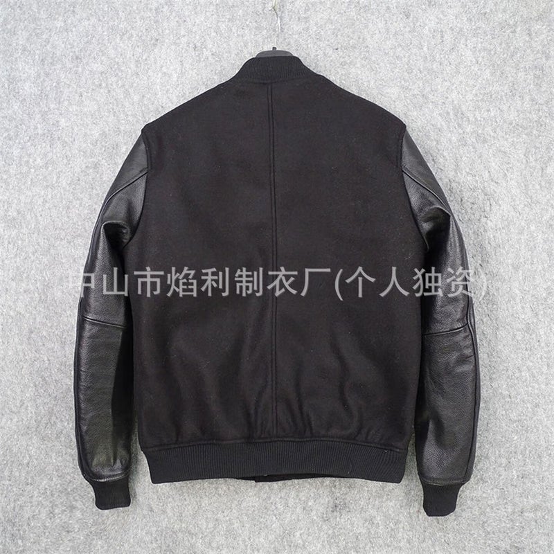 Short Sheepskin Leather Baseball Jacket with Wool Nylon Sleeves - Image 2