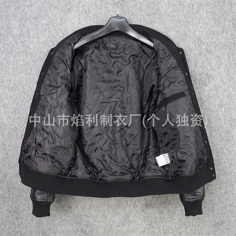 Short Sheepskin Leather Baseball Jacket with Wool Nylon Sleeves - Image 3