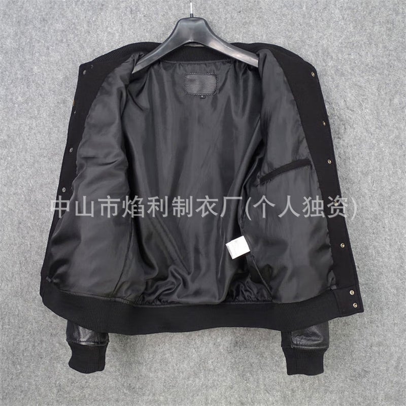 Short Sheepskin Leather Baseball Jacket with Wool Nylon Sleeves - Image 4