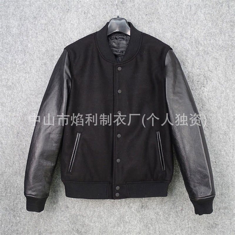 Short Sheepskin Leather Baseball Jacket with Wool Nylon Sleeves - Image 1