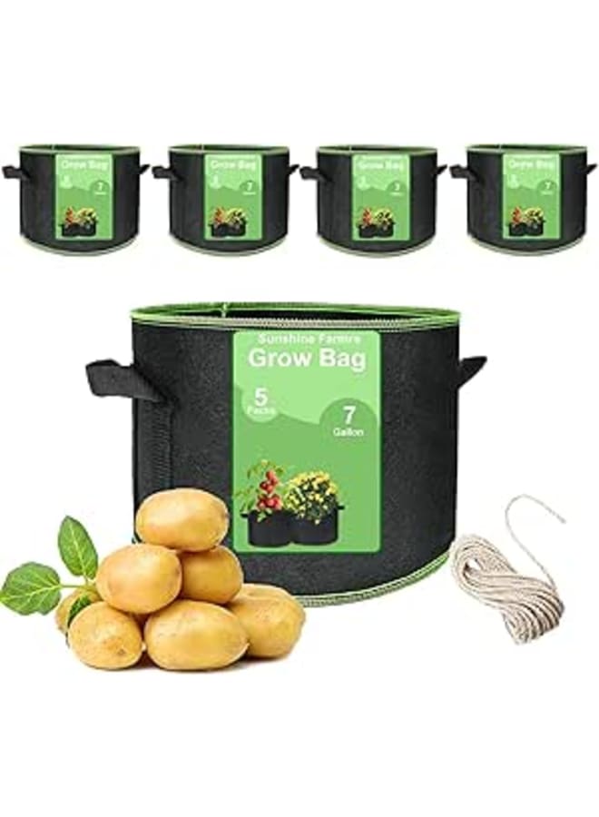 5-Pack 7 Gallon Grow Bags Heavy Duty Thickened Nonwoven Fabric Pots with Handles and Water Absorbing Ropes - Image 1
