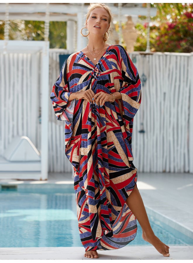 European And American Seaside Holiday Robe Beach Dress Loose Large Size Long Dress Bikini Swimsuit Blouse Sunscreen Shirt For Women-Color:ZS1770-29 Rayon-  - Image 1