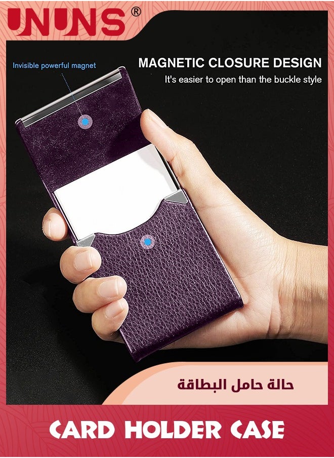 UNUNS Business Card Holder Case,PU Leather ID Card Holder With Magnetic Clasp,Fashion Professional Metal Pocket Card Organizer,Magnetic Suction Business Card Wallet,Best Gift For Men Women,Purple  - Image 4